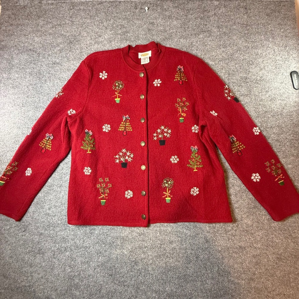 Talbots Vtg 100% Boiled Wool Embroidered Christmas Tree Cardigan XL Gold Buttons